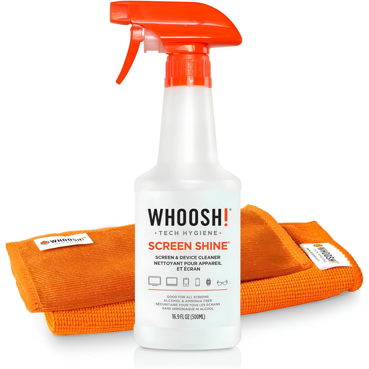 WHOOSH! Nettoyant pour écran de télévision Pro 500 ML pour OLED, moniteurs LED avec Chiffon Microfibre – Non Toxique, sans Alcool, sans Traces ni résidus pour la Maison, Le Bureau et Le Studio