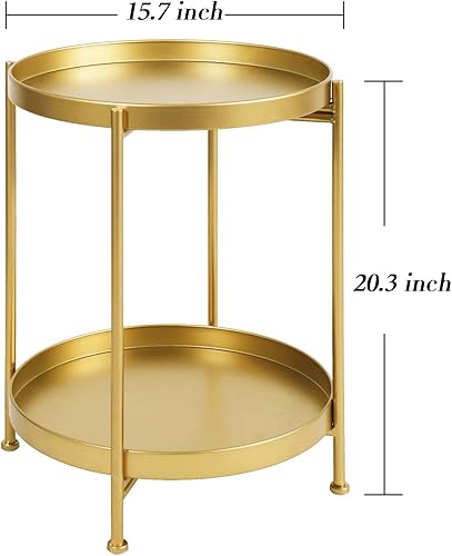 Miniatura 3 de Tiita Paquete de 2 mesas auxiliares redondas, mesa auxiliar mental, mesas pequeñas de madera, mesa auxiliar con bandeja de madera para sala de