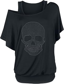 Mujer Camiseta Negra de Doble Capa con Calavera
