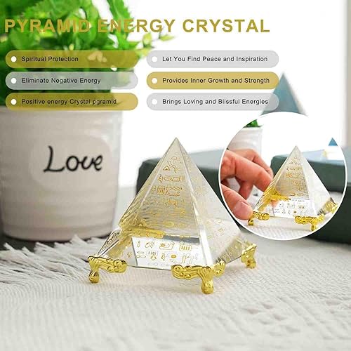 Miniatura 2 de H&D HYALINE & DORA 60MM Pirámide de Cristal Prisma Peso de Papel Energía Positiva Ornamento de Vidrio Pirámide Egipcia con Personaje Dorado Egipcio