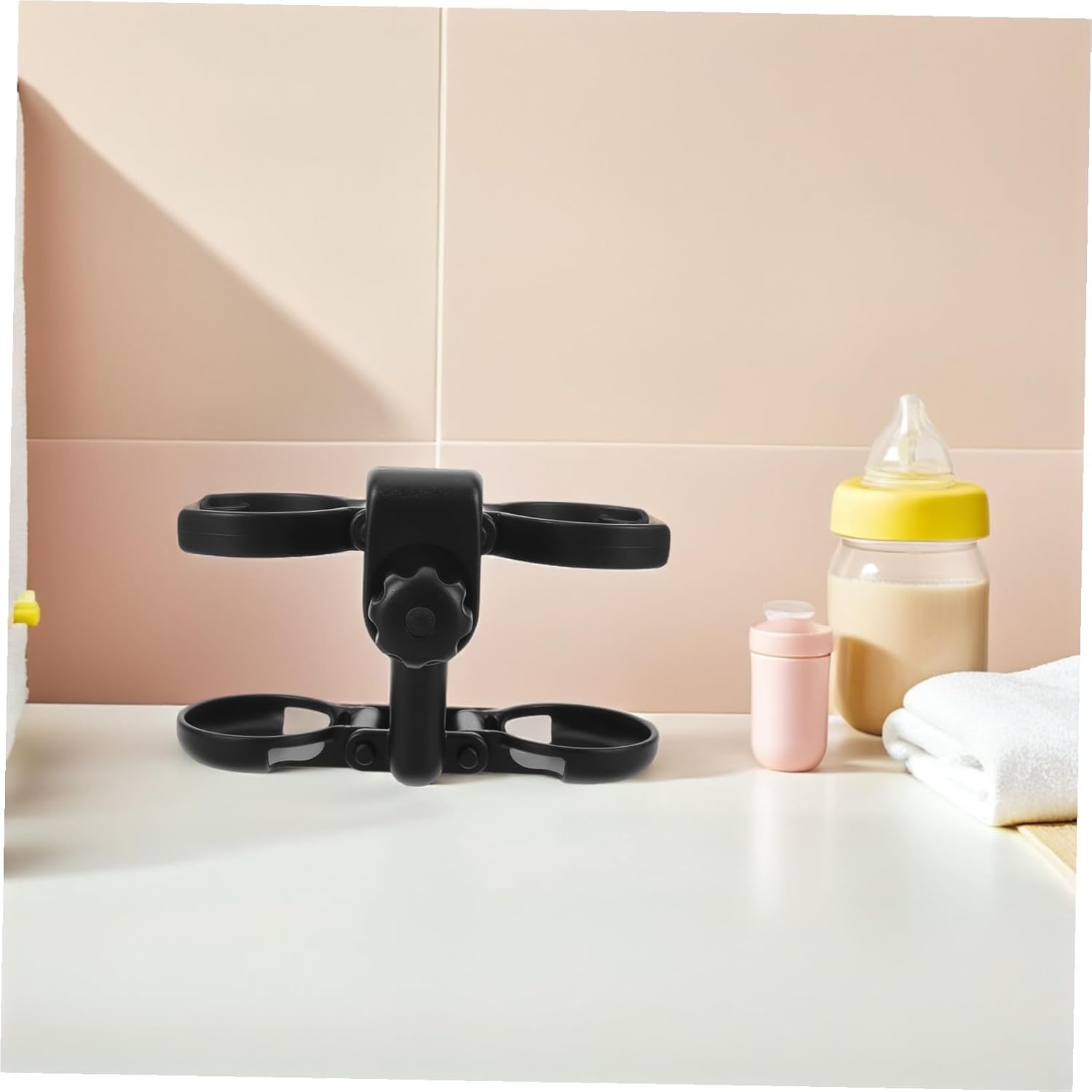Stroller Cup Holder with Phone Organizer Spillproof and Weatherproof Beverage and Bottle Holder for Prams Walkers Wheelchairs Stable Antislip Grip Easy One-Handed Use Black