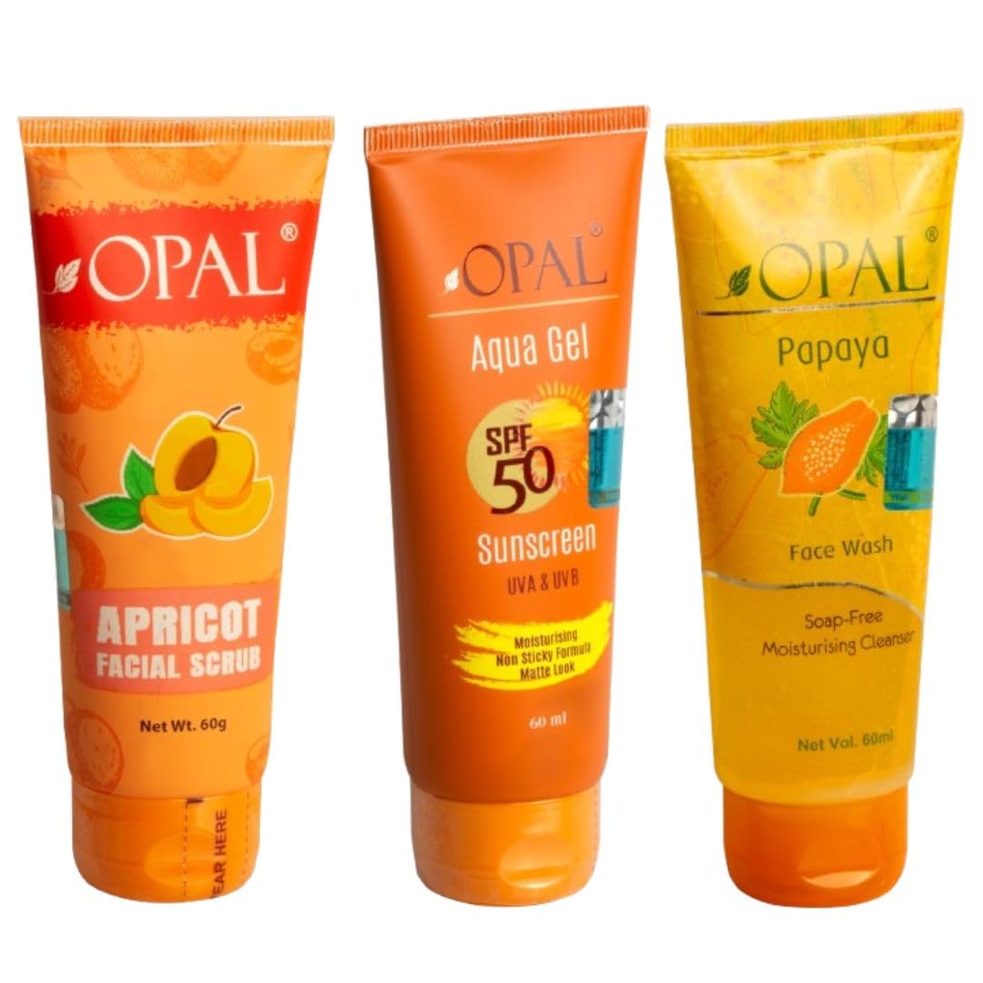 OPAL Pack of 3 Included Apricot Face Scurb (60ml), Papaya Face Wash (60ml), Sunscreen Lotion SPF 50 (60 ml) for Deep Cleansing & Refreshing Skin - Sun Protection Combo Pack | Tan Removal Combo