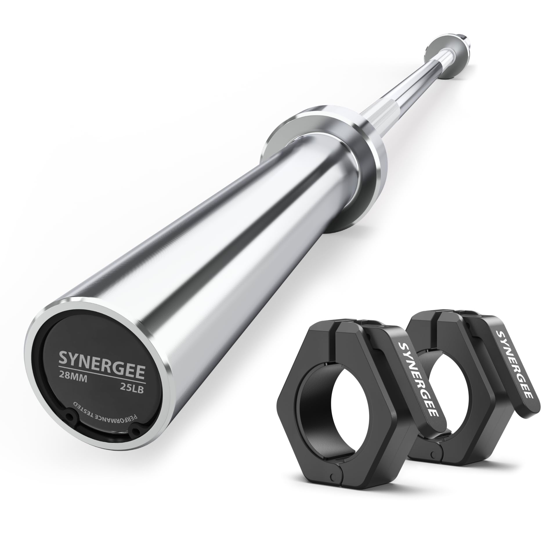 Synergee Sztanga 4-stopowa z rękawami 5 cm i kołnierzami. Ocena 226 kg do podnoszenia ciężarów. Dostępna w kolorze chromowanym.