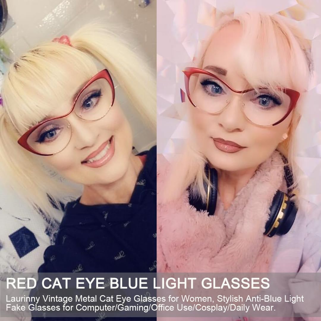 KFPH Occhiali da donna alla moda con occhio di gatto, luce blu, con blocco della luce blu, occhiali finti per computer da gioco, montatura in metallo