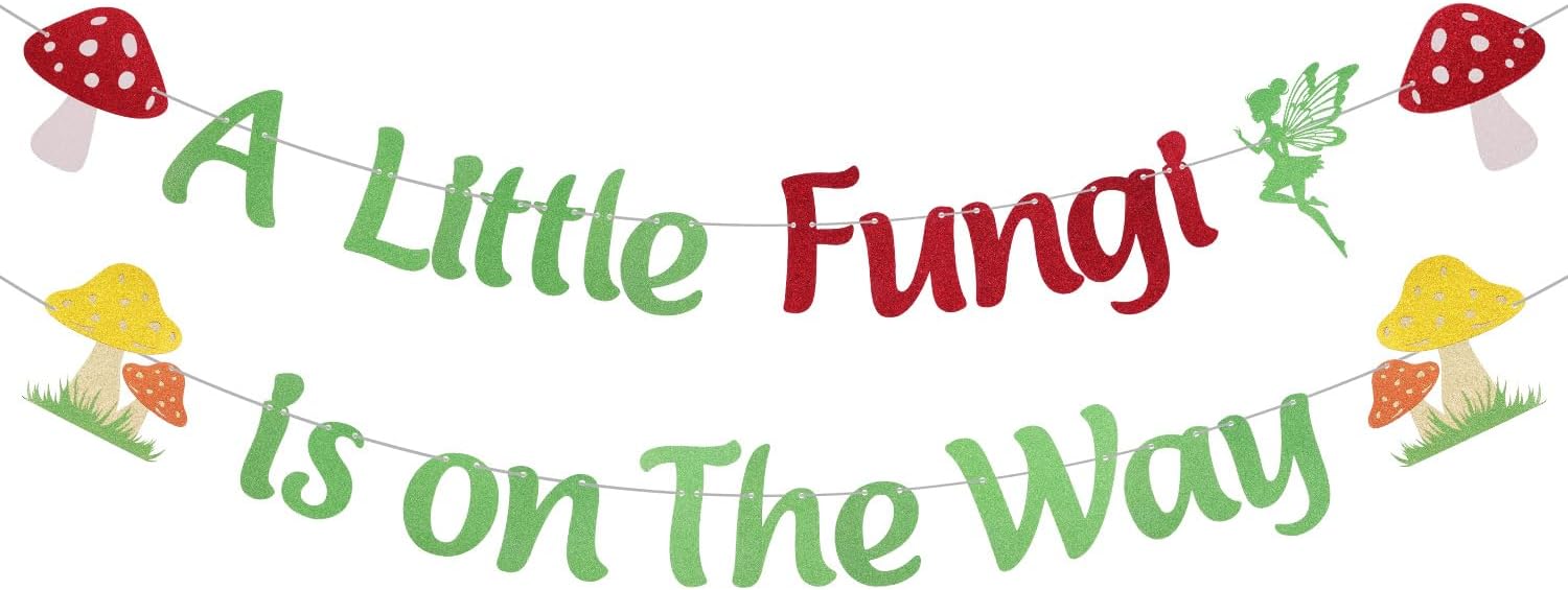 Pre-Strung Glitter A Little Fungi Is On The Way Banner Mushroom Baby Shower Decorations Fairy Forest Garland Banner Woodland Wildflower Welcome Baby Gender Reveal Party Supplies