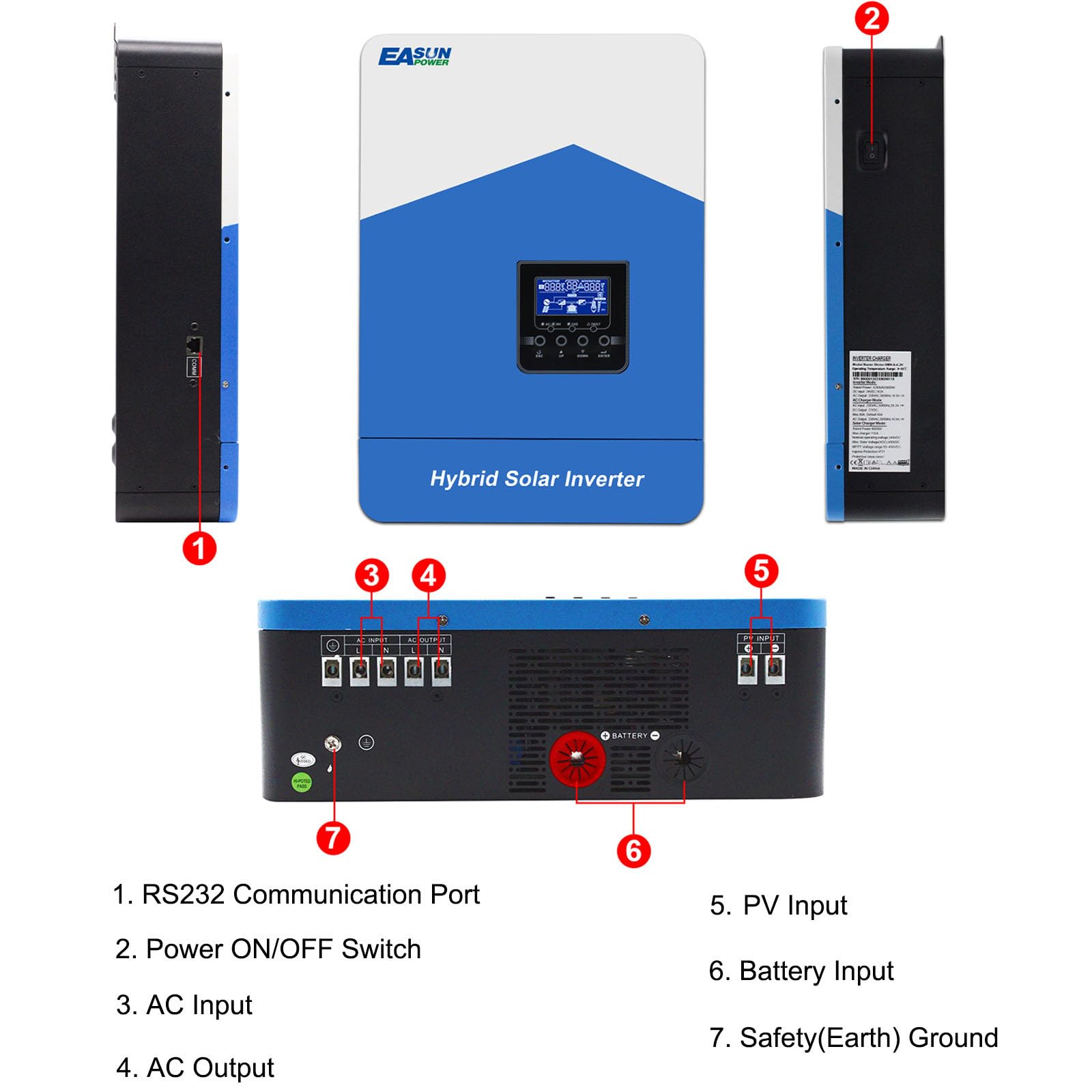 POWLAND 4.2KVA 3,8KW Hybrid wechselrichter 24V, netzunabhängiger Reiner Sinus-Wechselrichter, AC-Ausgang 230V, PV 55-430VDC, 110A Ladestrom, für AGM Gel Lithium-Batterie, mit WiFi-Modul