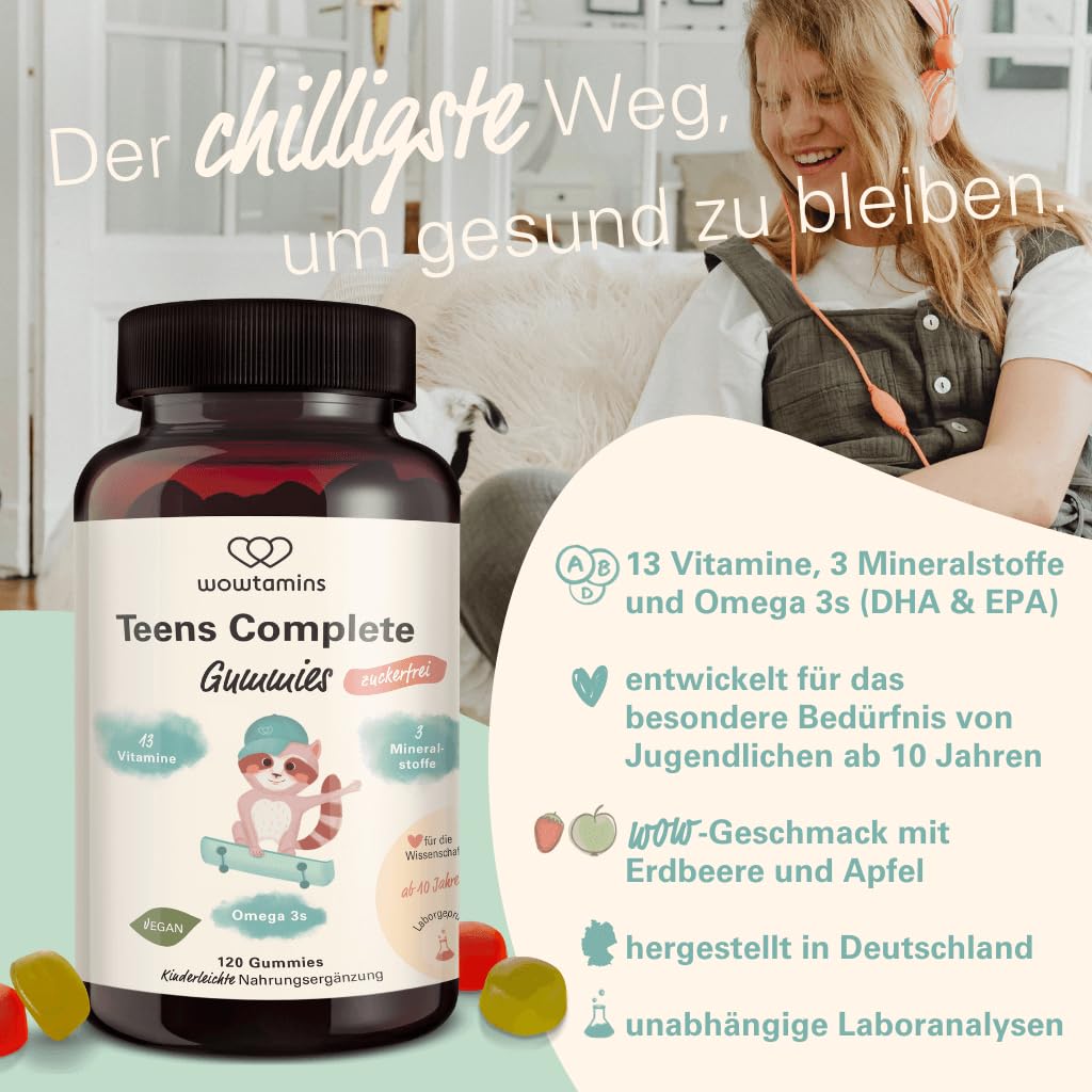 wowtamins Teens Complete zuckerfrei - Vitamine für Jugendliche (30-Tage-Vorrat) - Multivitamin Gummies mit Omega 3 - Nahrungsergänzungsmittel für das Immunsystem mit Vitamin C, D3, B12, Zink & mehr