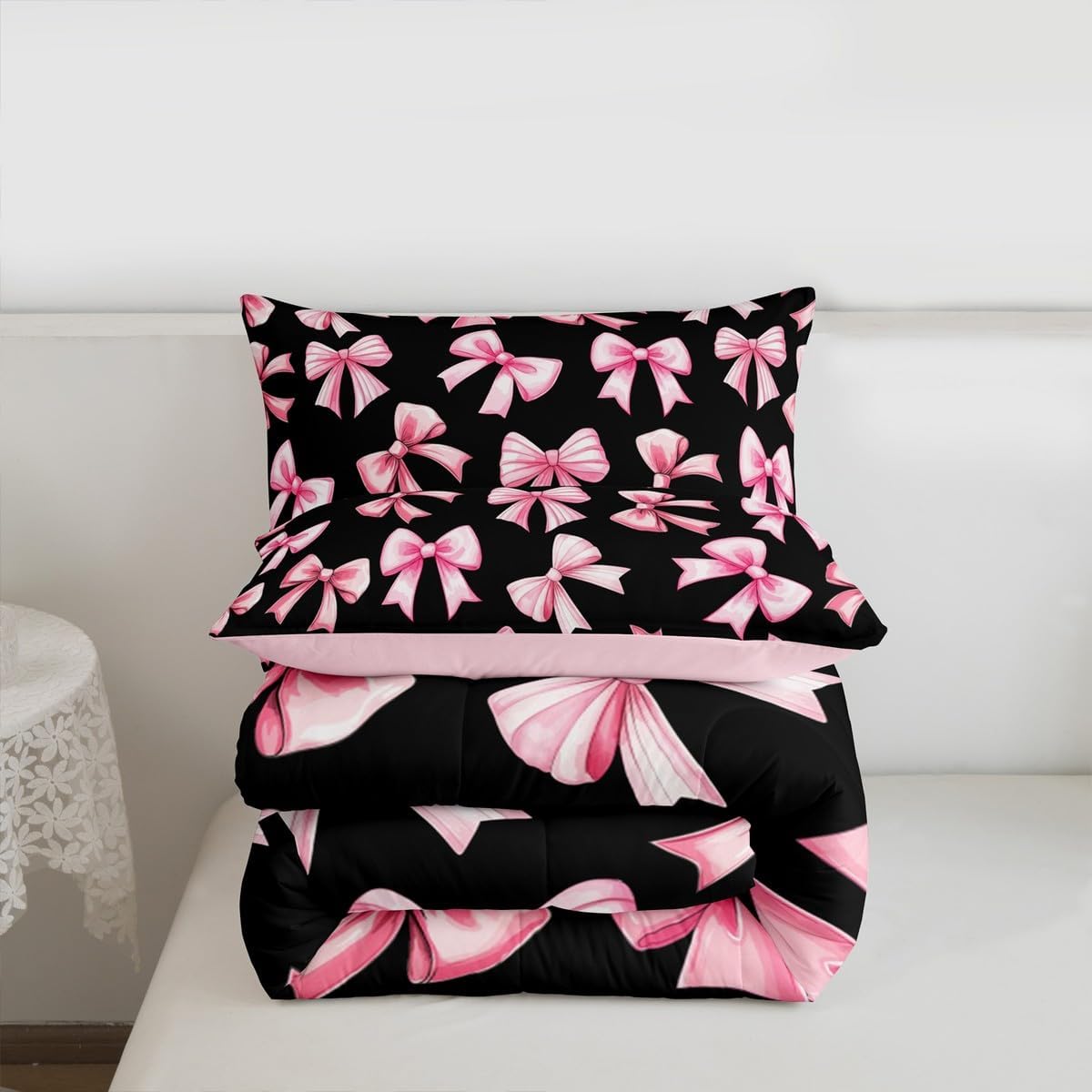 Feelyou Kawaii Pink Bow Comforter Set Twin Dreamy Princess Style Bedding Set Cute Bowknot Duvet Quilt Gifts for Women Teen Girl,Bedroom Decor Cute Coquette Bow Knot 2 Pcs with 1 Pillow Cases