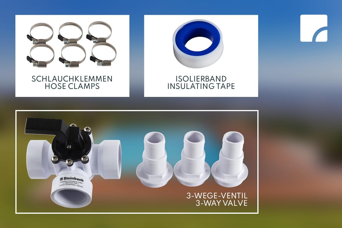 Close-up of hose clamps, insulating tape, and the 3-way valve with hose nozzles.