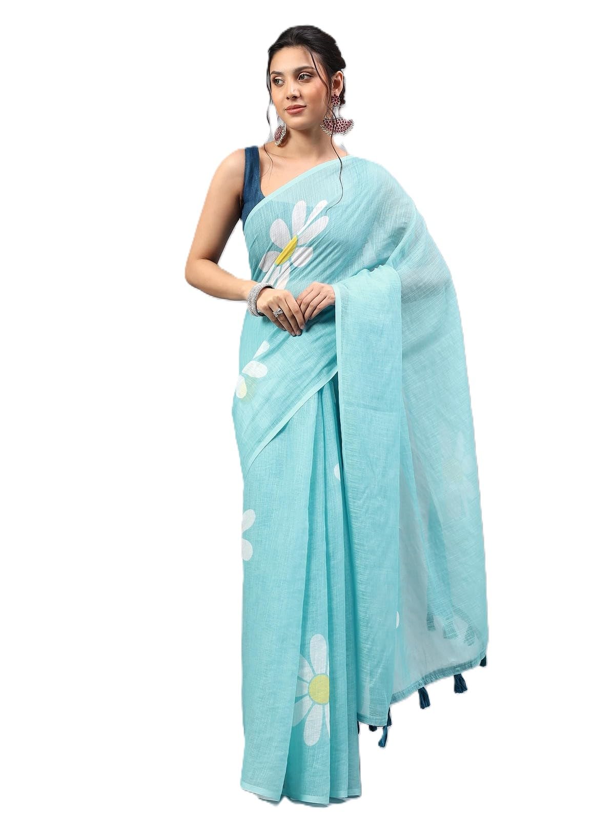 Linen Floral Printed Saree with solid Unstitched Linen Blouse Piece-image-31