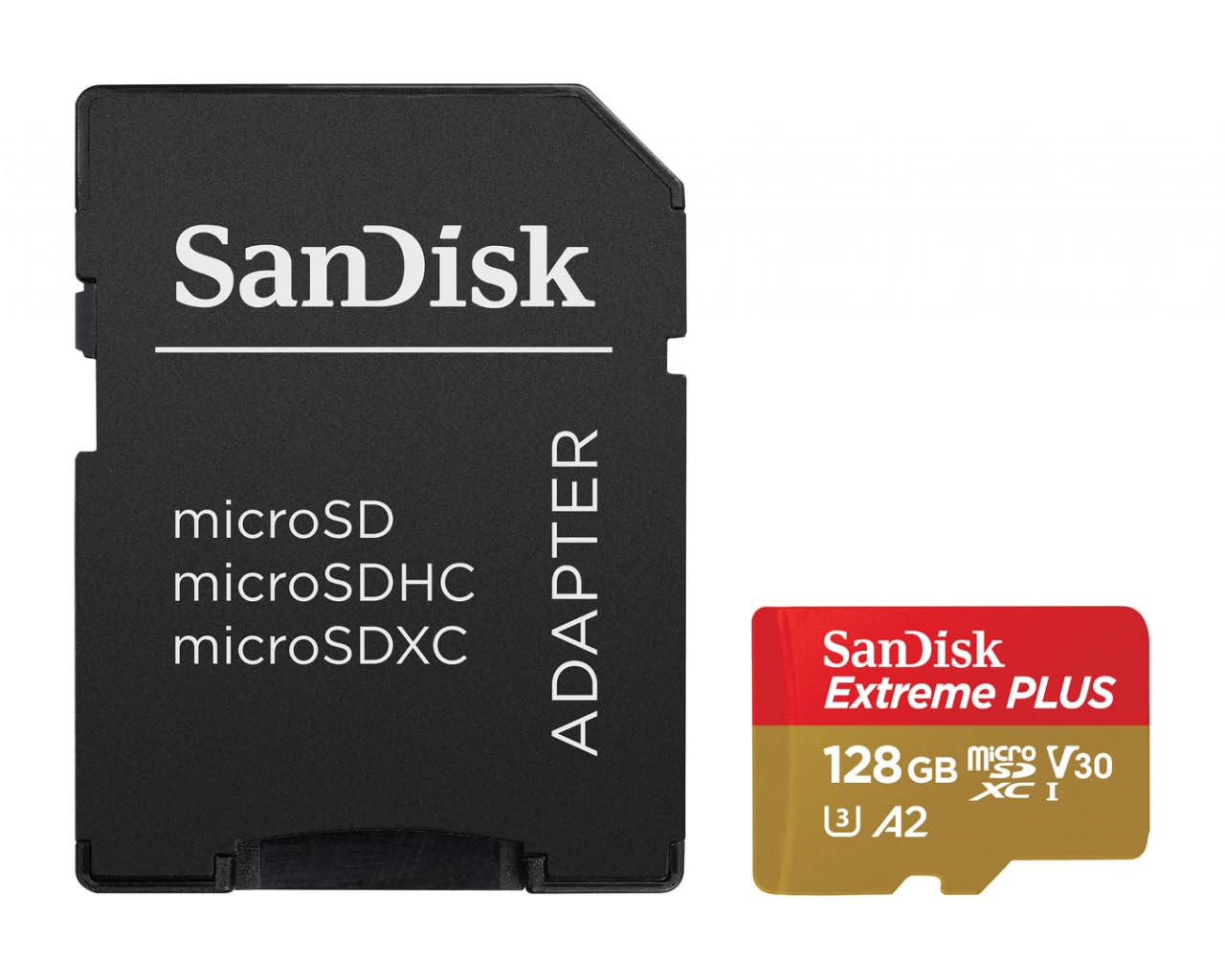 SANDISK Cartes Extreme Plus MicroSDXC 128 Go + Adaptateur SD 200 Mo/S 90 Mo/S A2 C10 V3