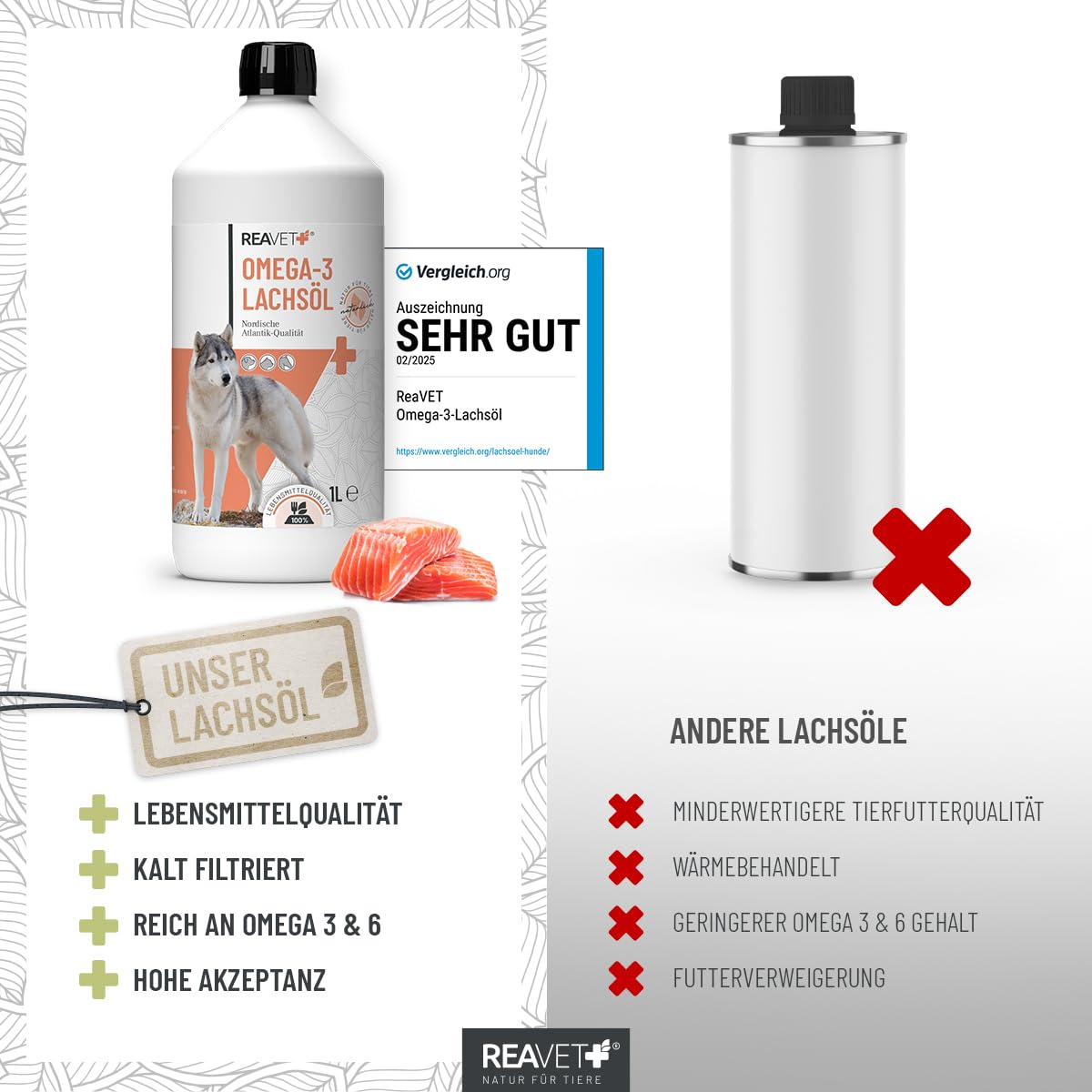 Aceite de salmón ReaVET muy bueno 2025 para perros, 1 litro, rico en Omega 3 y 6, aceite de pescado para perros, alta dosificación, calidad alimentaria real sin aditivos, recién embotellado en