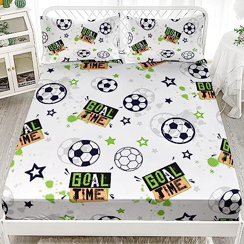 AILONEN Cartoon Soccer Pattern Bed Sheet for Kids Teens Twin XL Size, Soccer Sports Theme Bedding Sheet,Goal Time Style Sheet Set,1 Fitted Sheet and 2 Pillowcases,3 PCS