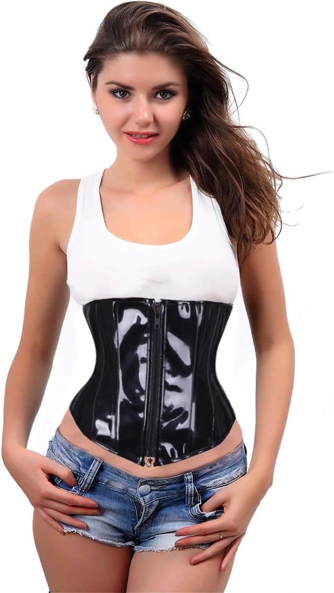 Hioffer Black Shiny PVC Leather Steampunk Gothic Wasit Trainer Underbust Corset Lace Up Bustier Shaper