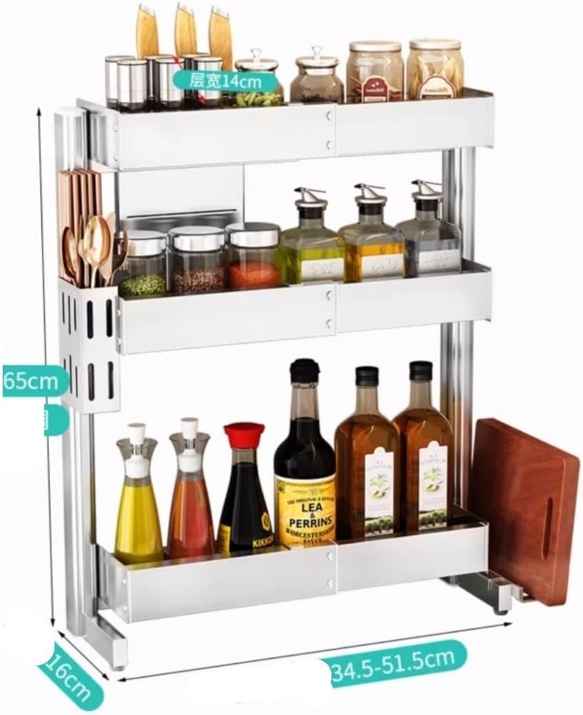 Spice Organizer Spice Rack Retractable Stainless Steel Spice Rack with Cutting Board Holder Chopstick Holder 3 Tier Countertop Spice Organizer Spice Shelf Spice Rack Orga