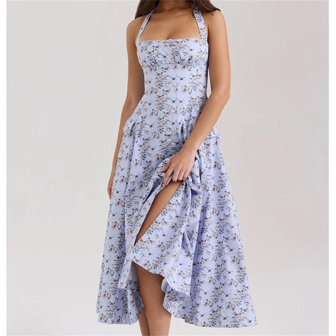 Vestido largo midi de algodón con estampado floral sin espalda para mujer