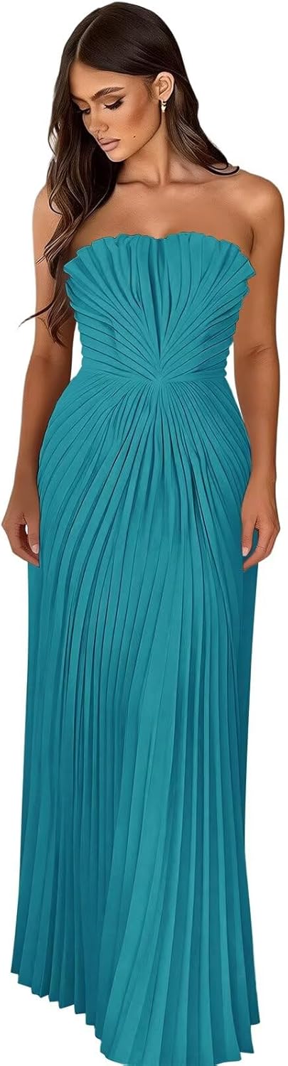 SoDigne Strapless Pleated Long Prom Dresses for Women 2026 Corset Satin Maxi Formal Evening Gown