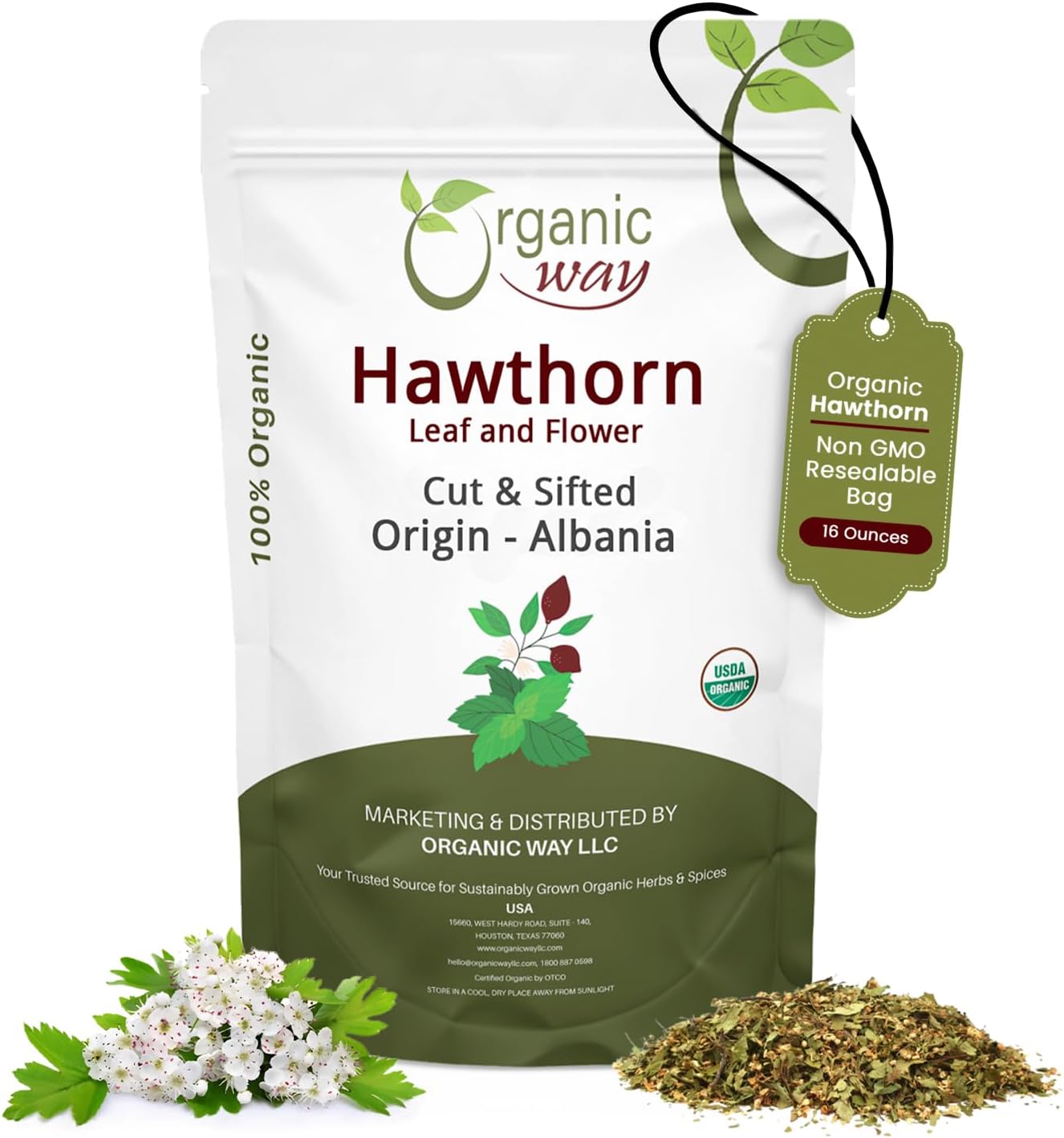 Organic Way Hawthorn Leaf and Flower Cut & Sifted (Crataegus monogyna) - Herbal Tea | European Wild-Harvest | USDA & Kosher Certified | Non GMO & Gluten Free | Origin - Albania (16 Oz)