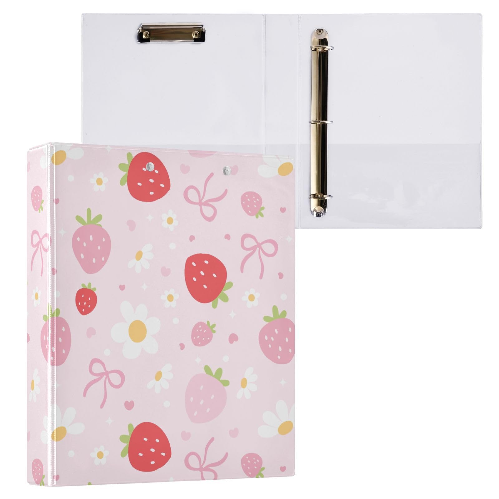 Vuiyean Bow Floral Cute Pink Strawberry Binder 1.5 Inch Binder with Clipboard&Pockets, Hardcover Binders 3 Ring, Heavy Duty Large File Folder for
