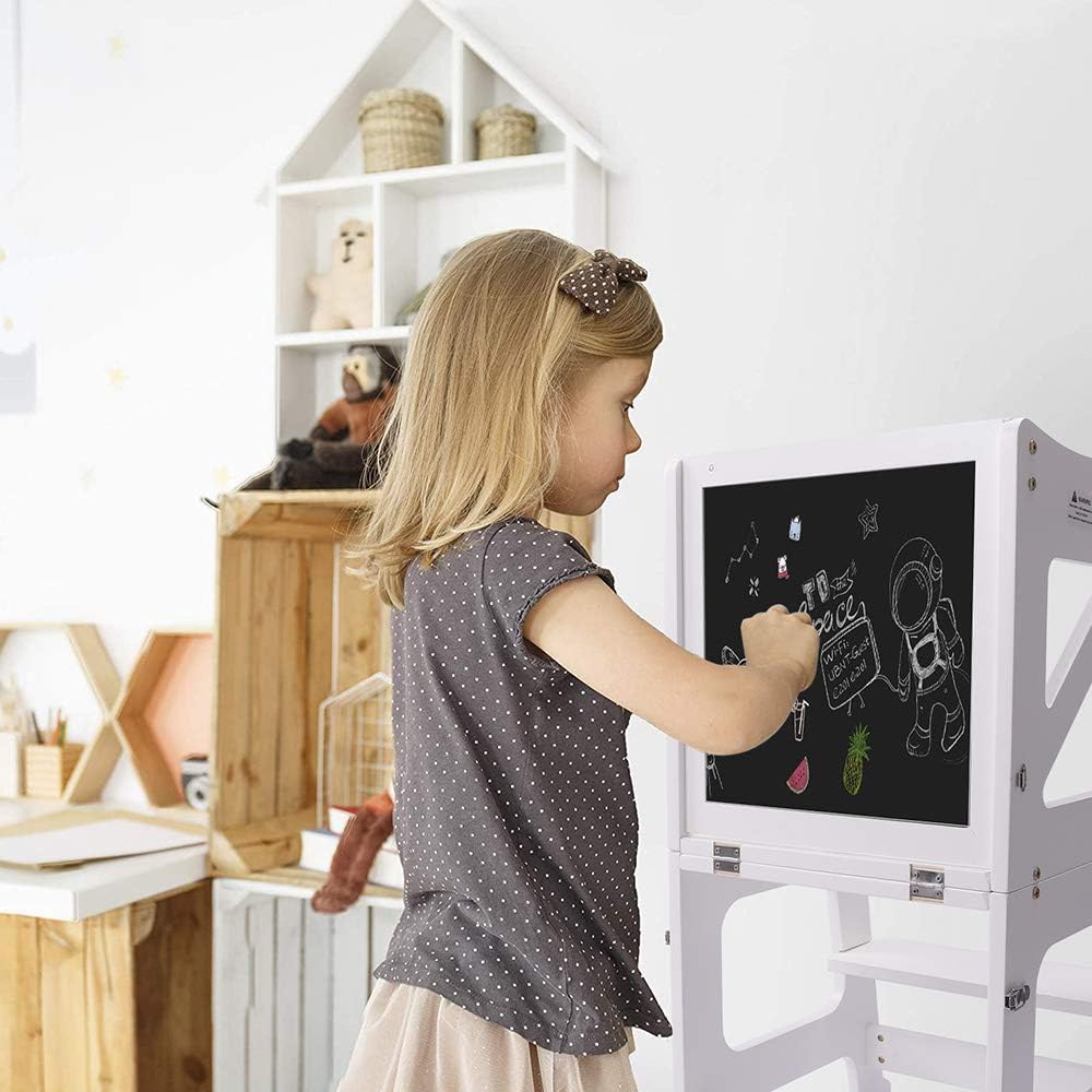 YOLEO Tour d'apprentissage 3 en 1, Pliable, Tour d'observation pour Enfants Montessori Learning Bois Naturel Kitchen Helper avec Tableau Noir et Blanc,Table et Chaise pour Enfant (Blanc)
