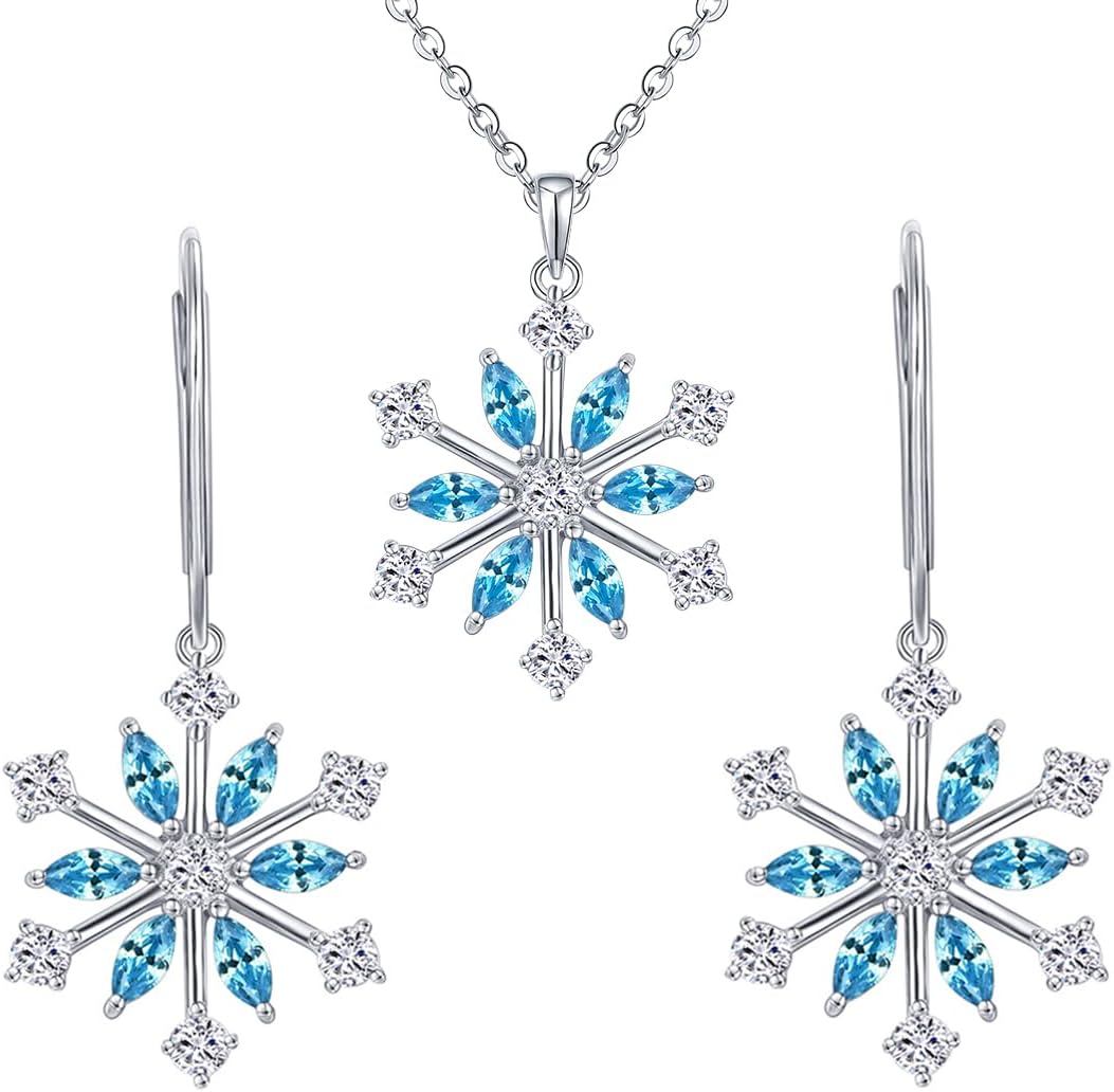JO WISDOM Snowflake Jewelry Sets for Women,925 Sterling Silver Aquamarine CZ Snowflake Leverback Earrings Drop & Dangle Earrings Necklace Christmas Gift