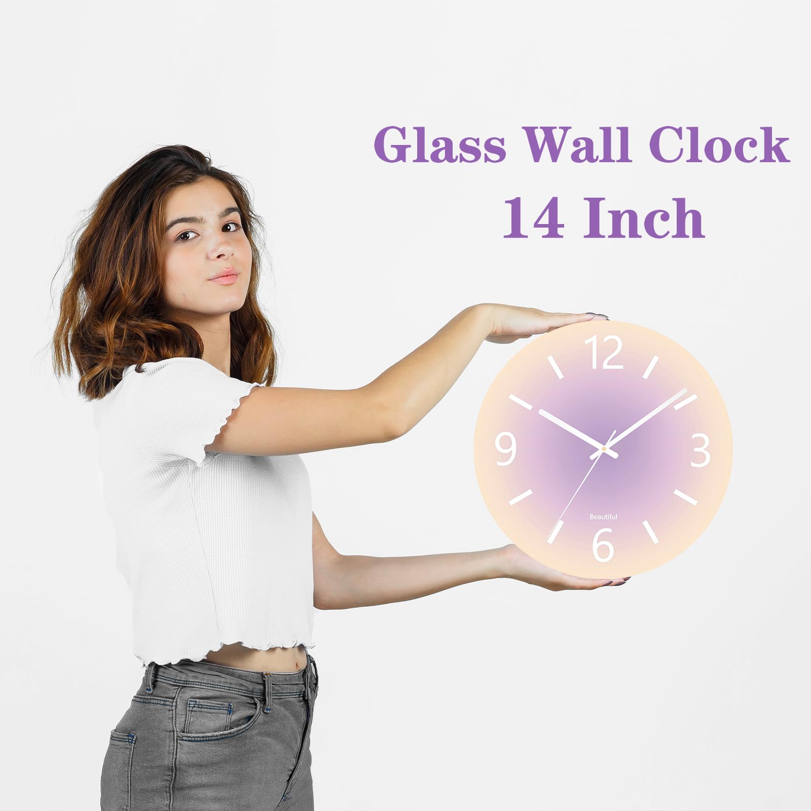 Grande horloge murale en verre trempé, horloge décorative ronde moderne pour cuisine/salle de bain/salon, 35,6 cm, style simple, horloge analogique d'extérieur à piles pour terrasse, porche