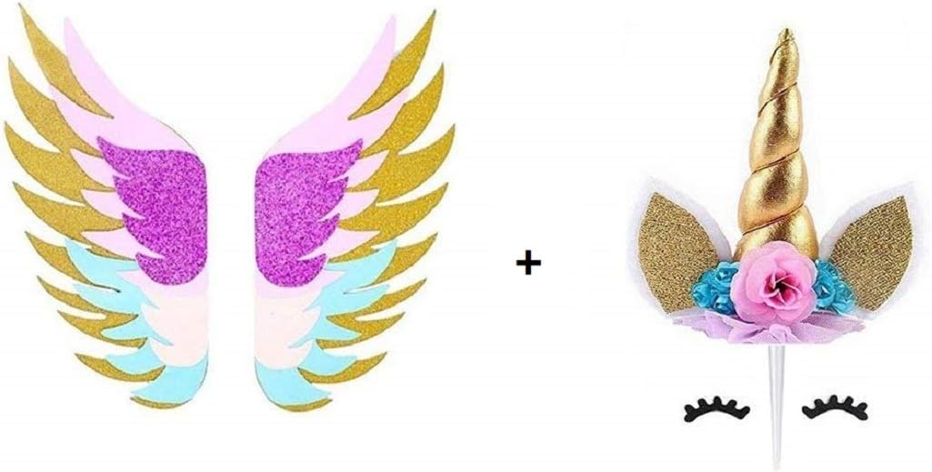amazon com janou unicorn cake topper set gold glitter unicorn horn flower eyelashes with colorful wings cake decoration for birthday wedding christmas party suppliers grocery gourmet food