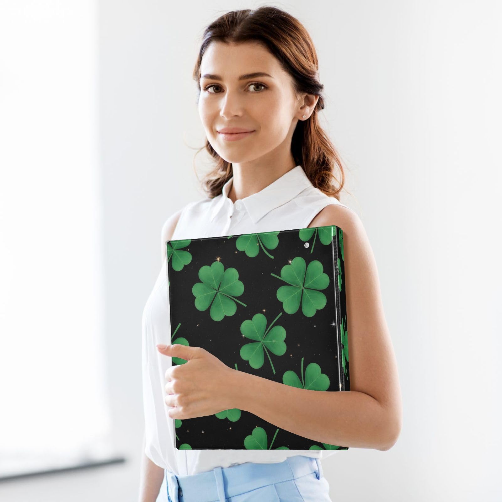 Raccoglitore a 3 anelli, con tasche, motivo foglie verdi e stelle, confezione da 2