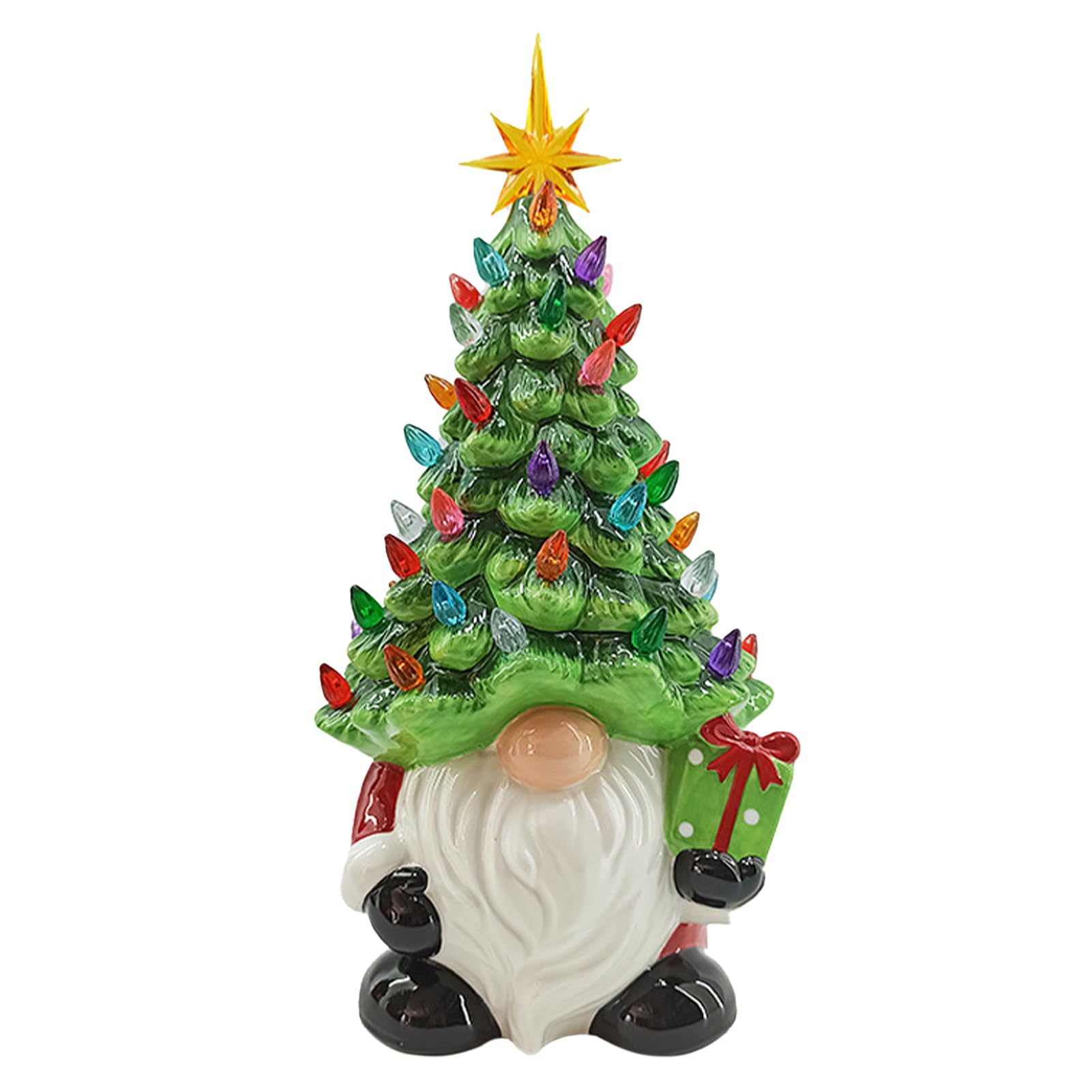 Lighted Christmas Tinsel Gnomes Decorations, Lighted Up Faceless Old Man Ceramic Christmas Tree, Small Mini Prelit Xmas Holiday Decor for Tabletop Home Room Table Fireplace Office
