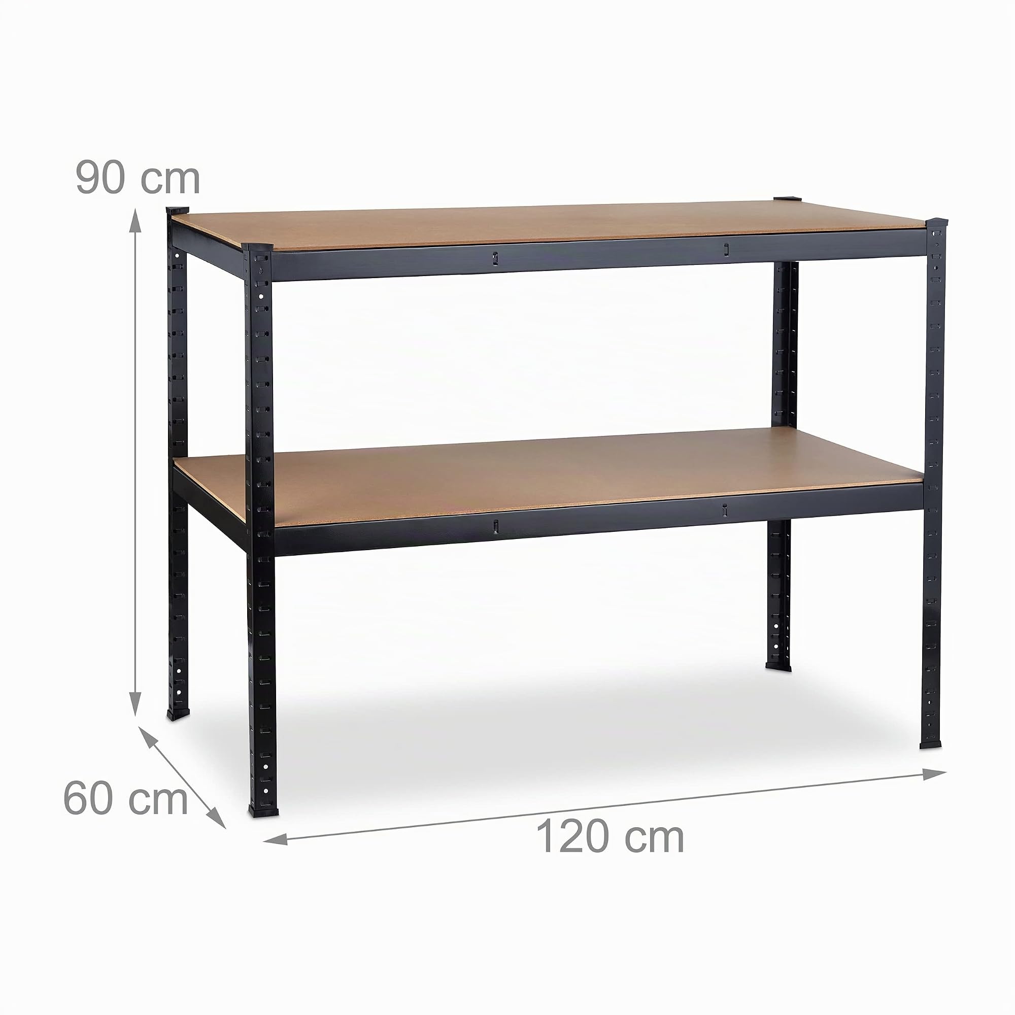 Relaxdays Banco de Trabajo, 2 Niveles, Altura Ajustable, Montaje por Encajado, Taller, Acero, MDF, 90x120x60 cm, Negro