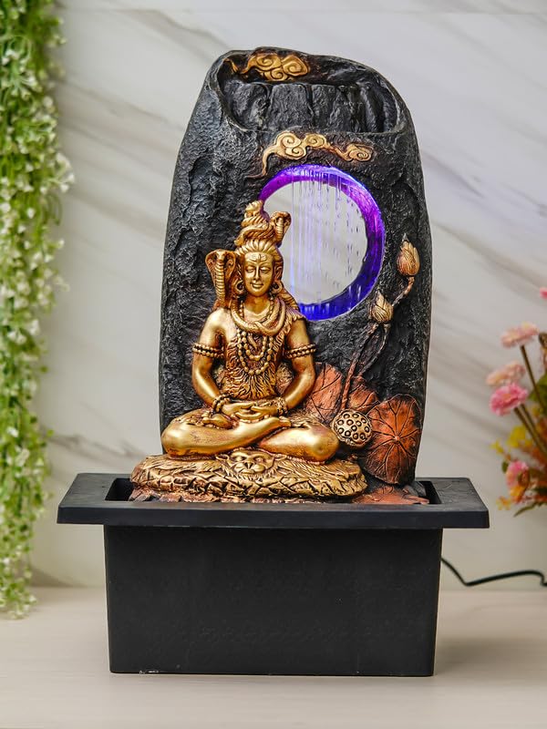 Image of CHRONIKLE Golden Brown Polyresin Tabletop Lord Shiv Indoor Water Fountain for Home Decor with LED, Speed ​​Control Pump (Size: 37 x 28 x 56 CM | Weight: 2900Gram)