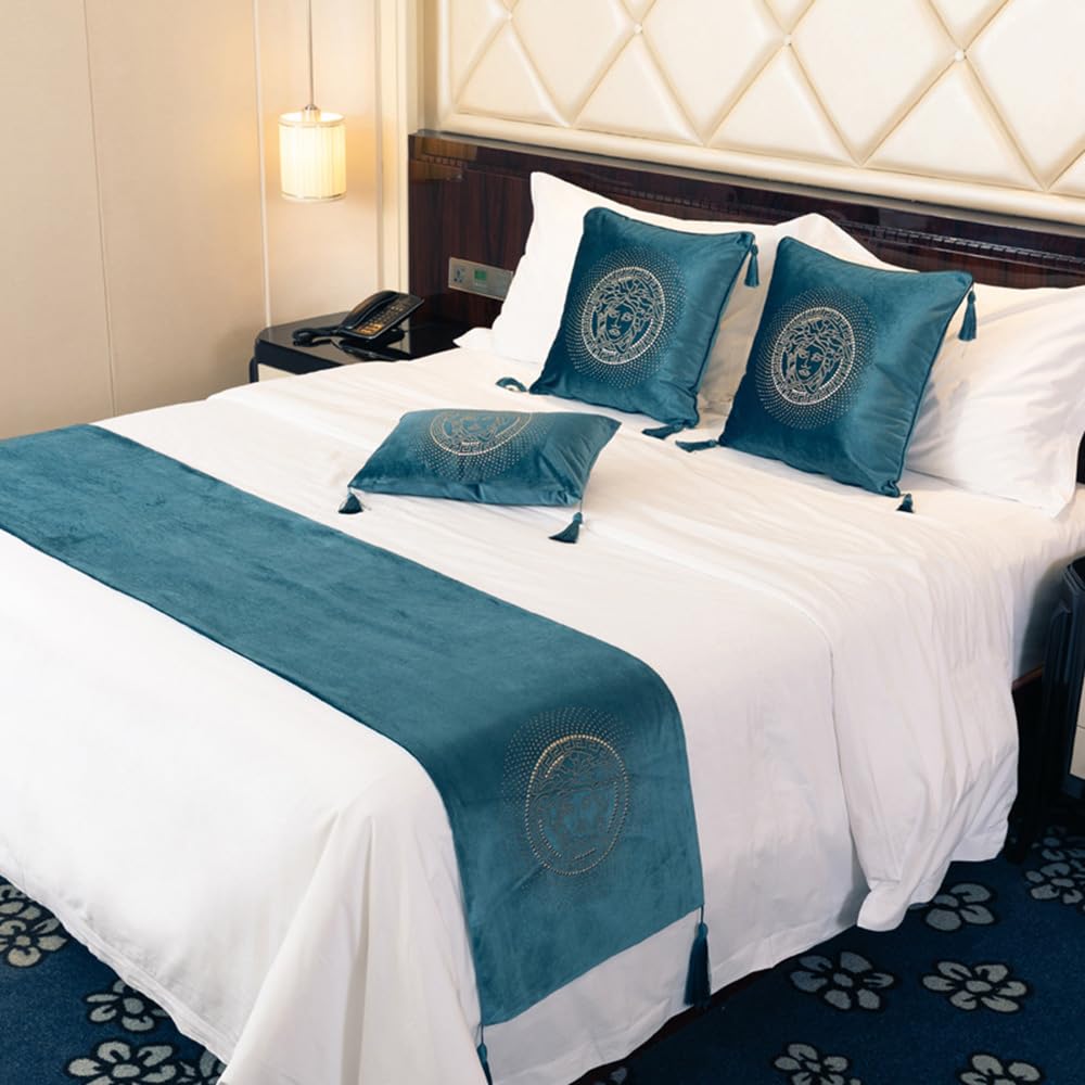 QRGMKL European Style Bed Runner Hotel Bed Scarf Bedspreads Coverlets Luxury Bed Runners and Matching Cushions Bedroom Bedding Protector-Lake Blue||180X45cm for 1.2m Bed