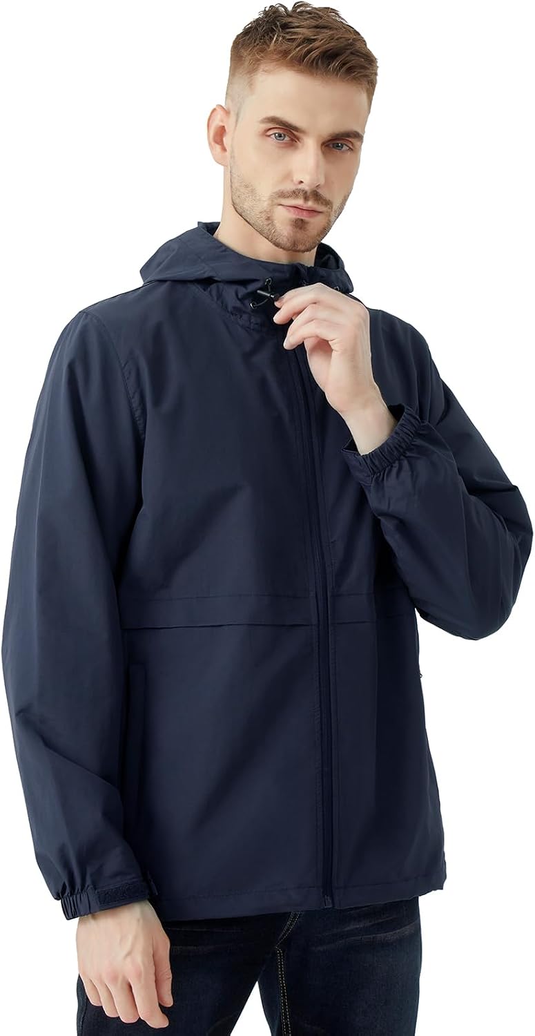 Men's Lightweight Jacket Windbreaker Packable Hooded Raincoat for Hiking Outdoor with Zippered Pocket