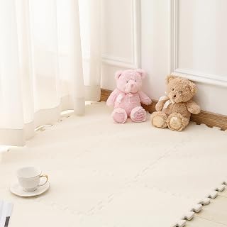 12Pcs Plush Foam Floor Mat with Border for Kids Thickened Square Interlocking Plush Carpet Tiles Soft Anti-Slip Puzzle Area Rug Playmat for Playroom Bedroom (12"x12"x0.5", 12pcs White)