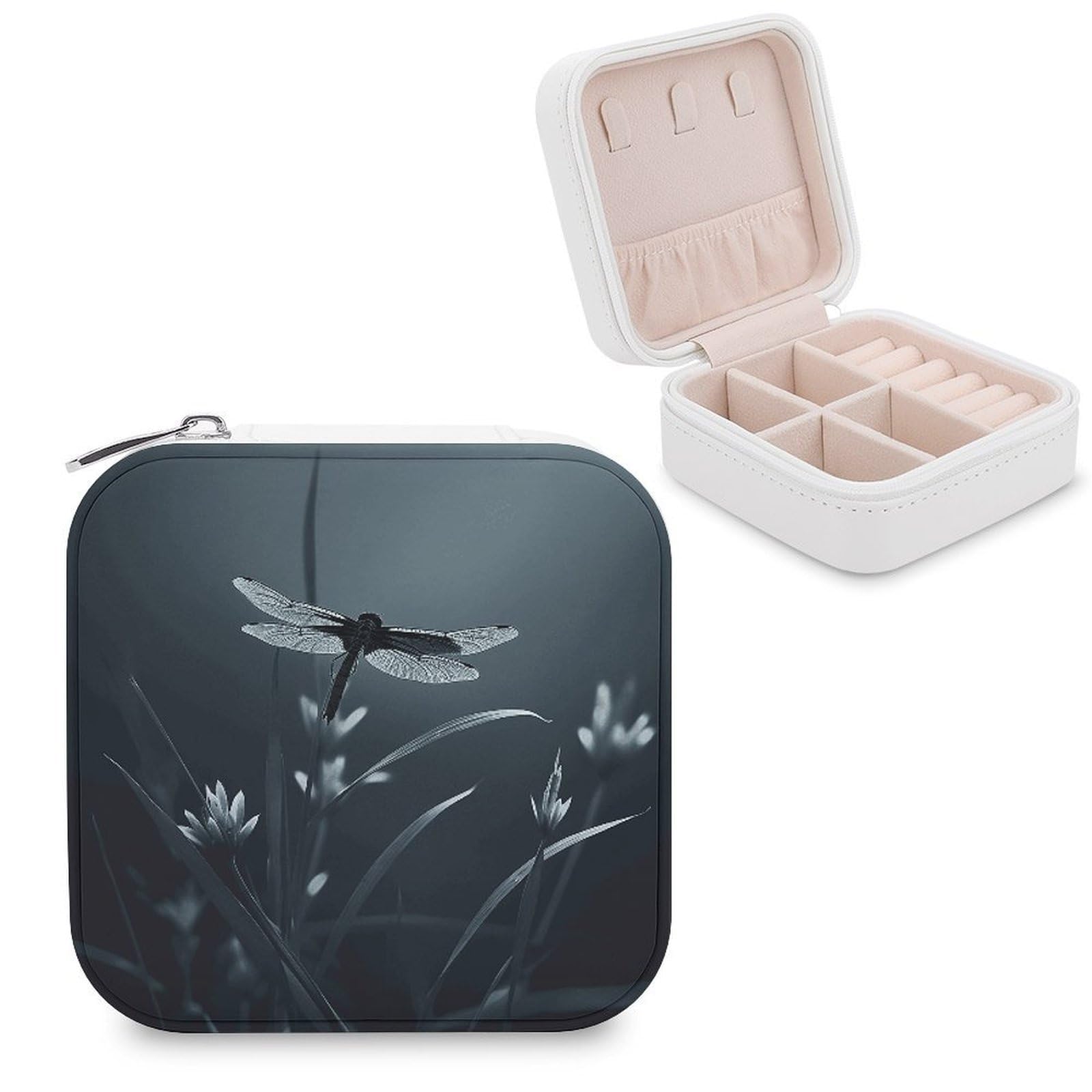 VstaDank Dragonfly Silhouette Travel Jewelry Case Zipper Portable Small Jewelry Box Custom Pu Leather Mini Traveling Jewelry Organizer for Rings Earrings Necklace Bracelet Girls Women