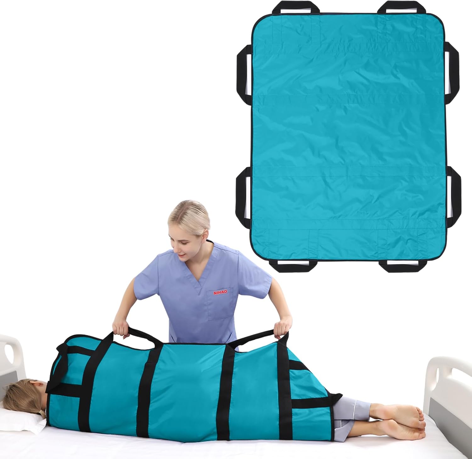 NIHAO Bed Transfer Sheet with Handles 43" x 36" Positioning Bed Pad Patient Lifting Mat for Turning, Repositioning Washable & Reusable Draw Sheet for Hospital & Home, Blue