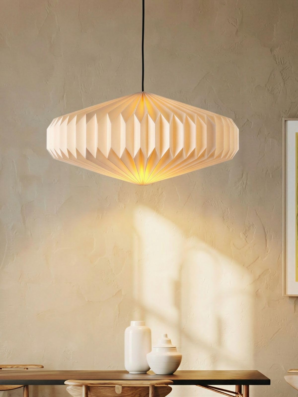 FIG Living Oblong 2 Paper Pendant Lamp (Off White) | 54x54x21 cm | Luxury & Durable Handmade Origami Design Ceiling Lamp & Chandelier | Ideal for Dining Room, Living Room & Cafe (Bulb Not Included)