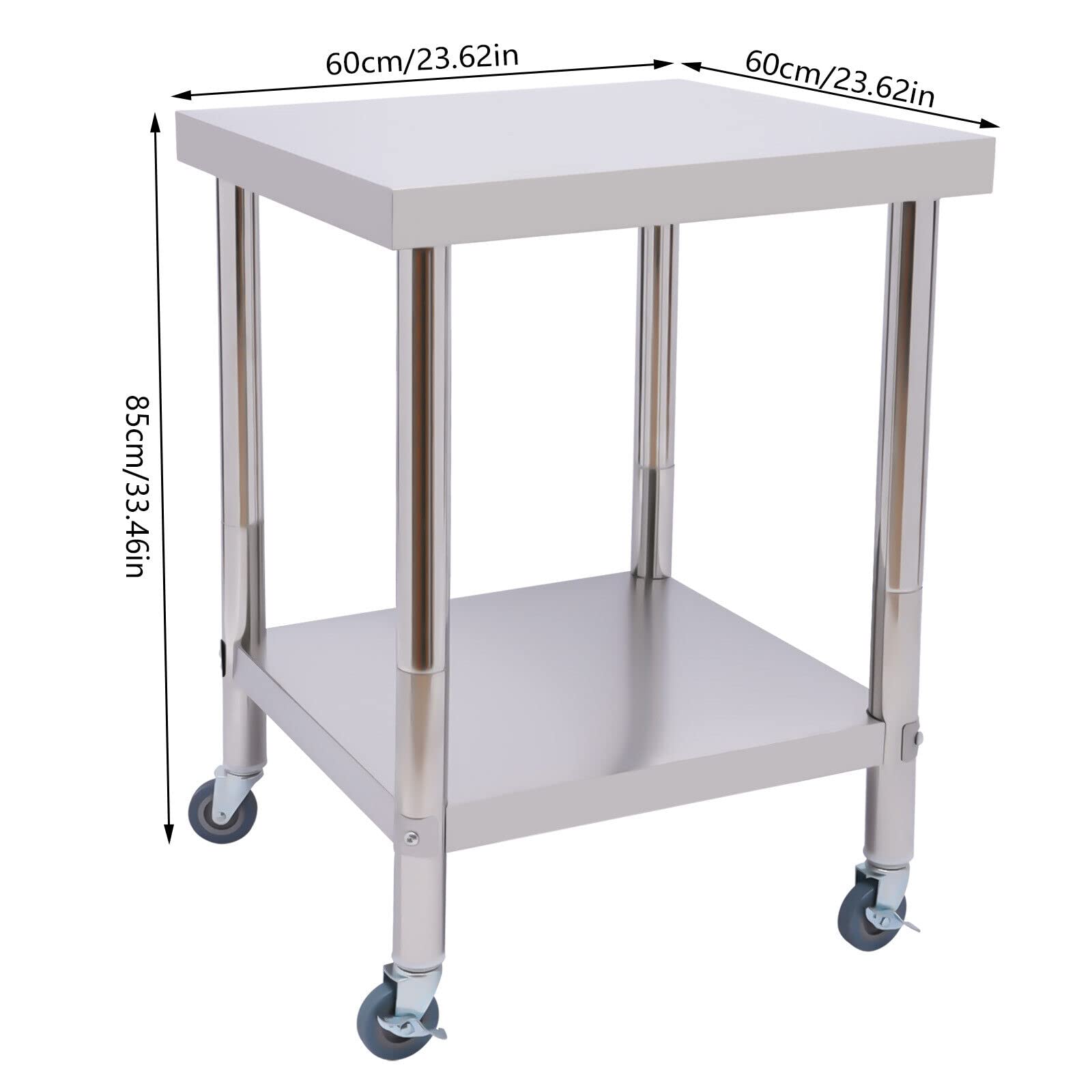 Mesa de cocina, mesa de acero inoxidable, mesa de trabajo, mesa de acero inoxidable, 2 baldas con estante inferior y ruedas, para cocinas, hoteles, panaderías, restaurantes, 60 x 60 x 85 cm