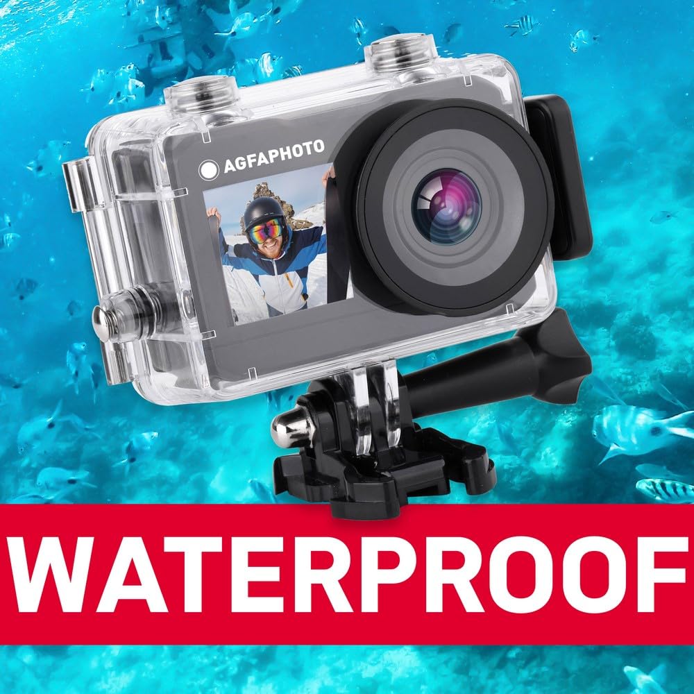 AgfaPhoto - Cámara Deportiva - AC7000 - True 2.7K 30FPS, Doble Pantalla Táctil, Gran Angular 120°, Carcasa Sumergible 30m - WiFi - 10 Accesorios Incluidos