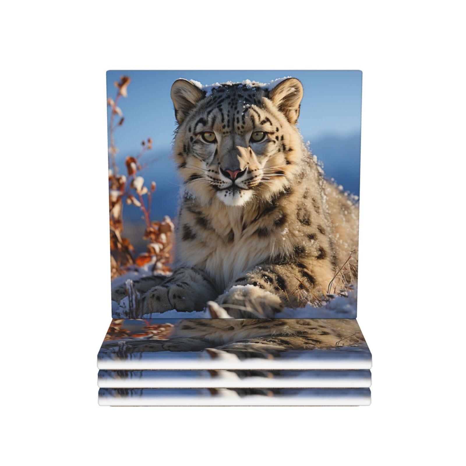 Drink Coasters Set of 4 Ceramic Coaster Snow Leopard Coasters for Drinks Cups Mugs Mat Pads Absorbent Non-Slip Decorative Cup Coaster for Coffee Table Kitchen Bar Home Decor