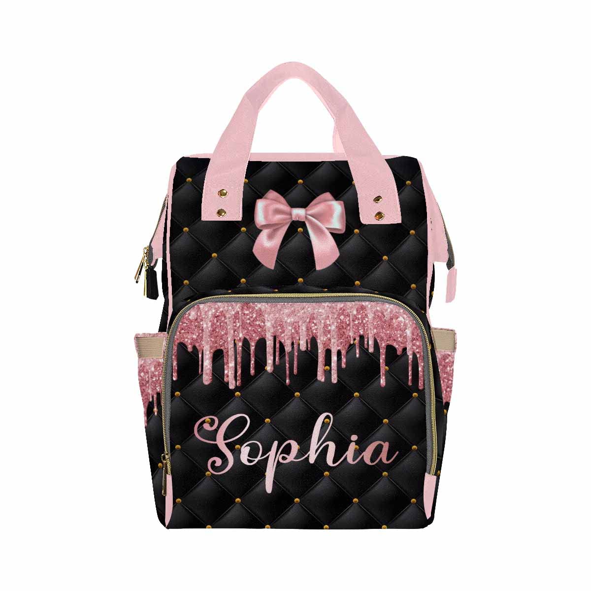 InterestPrint Custom Name Diaper Bag Personalized Pink Glitter Bowknot Nursing Bags Backpack with Name Customized Mummy Nappy Bag Shoulders Bag Casual