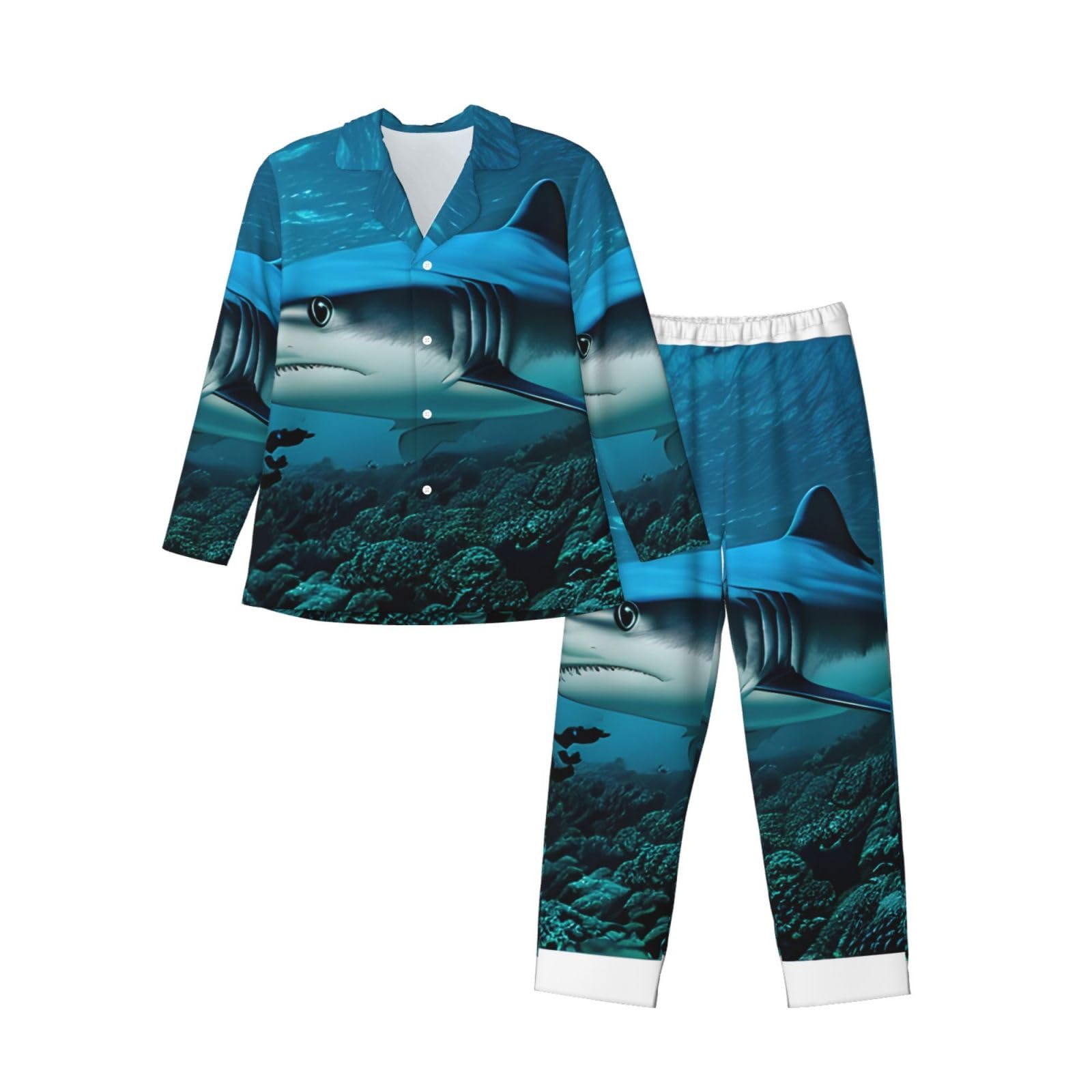 Herren-Pyjama-Set, langärmelig, Hai-Aufdruck, zweiteilig, bequem, Nachtwäsche, Blau