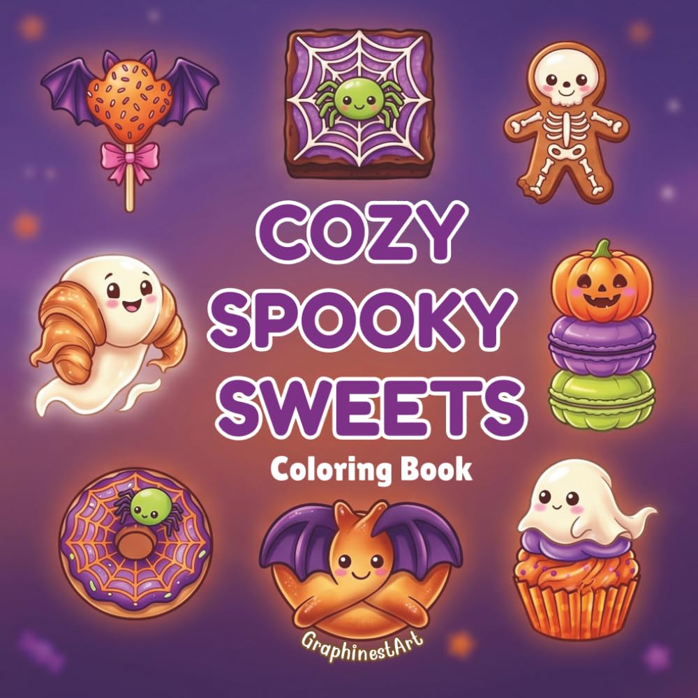 Cozy Spooky Sweets: A Cute and Relaxing Kawaii Halloween Coloring Book Featuring 40 Adorable Desserts and Spooky Treats for Stress Relief