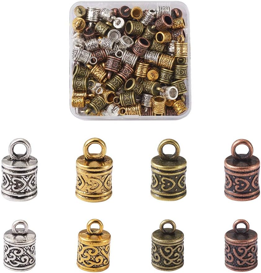 128pcs Tibetan Cord End Caps for 6mm Cord 4 Colors Barrel Alloy Leather Cord End Caps Rope Terminators for Jewelry DIY Kumihimo Jewelry Craft Making