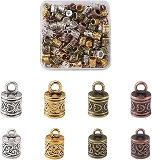 KISSITTY 128pcs/box Tibetan Style Alloy Cord Ends 4 Colors Metal Barrel End Caps Leather Ribbon Cord End Caps for Braided Jewelry Crafts Making