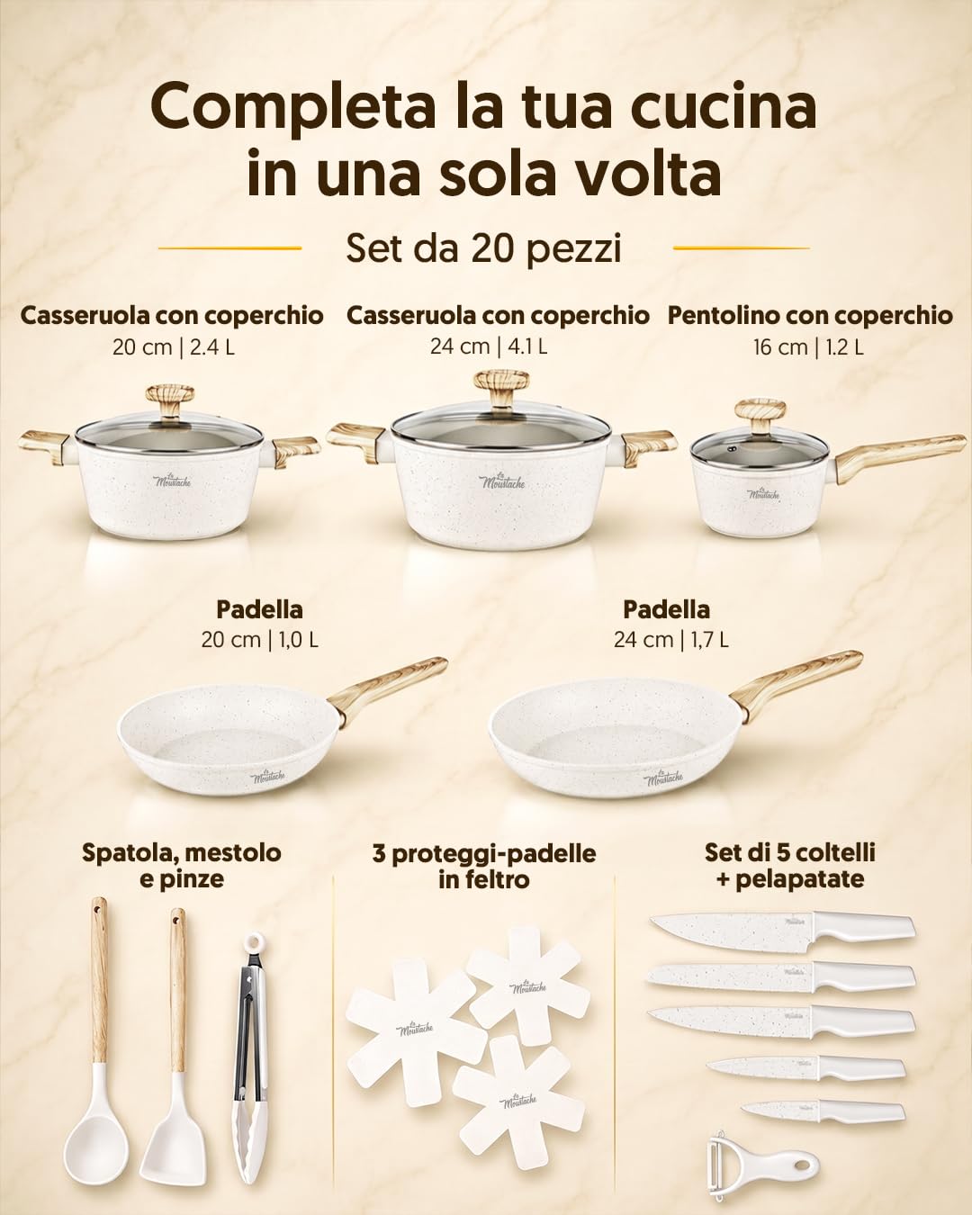 La Moustache - Batteria di Pentole Antiaderente 14 Pezzi con Accessori, Casseruole, Padelle, Coperchi in Vetro e Utensili + Set di 5 Coltelli in Acciaio Inox con Pelapatate, Effetto Marmo (Latte)