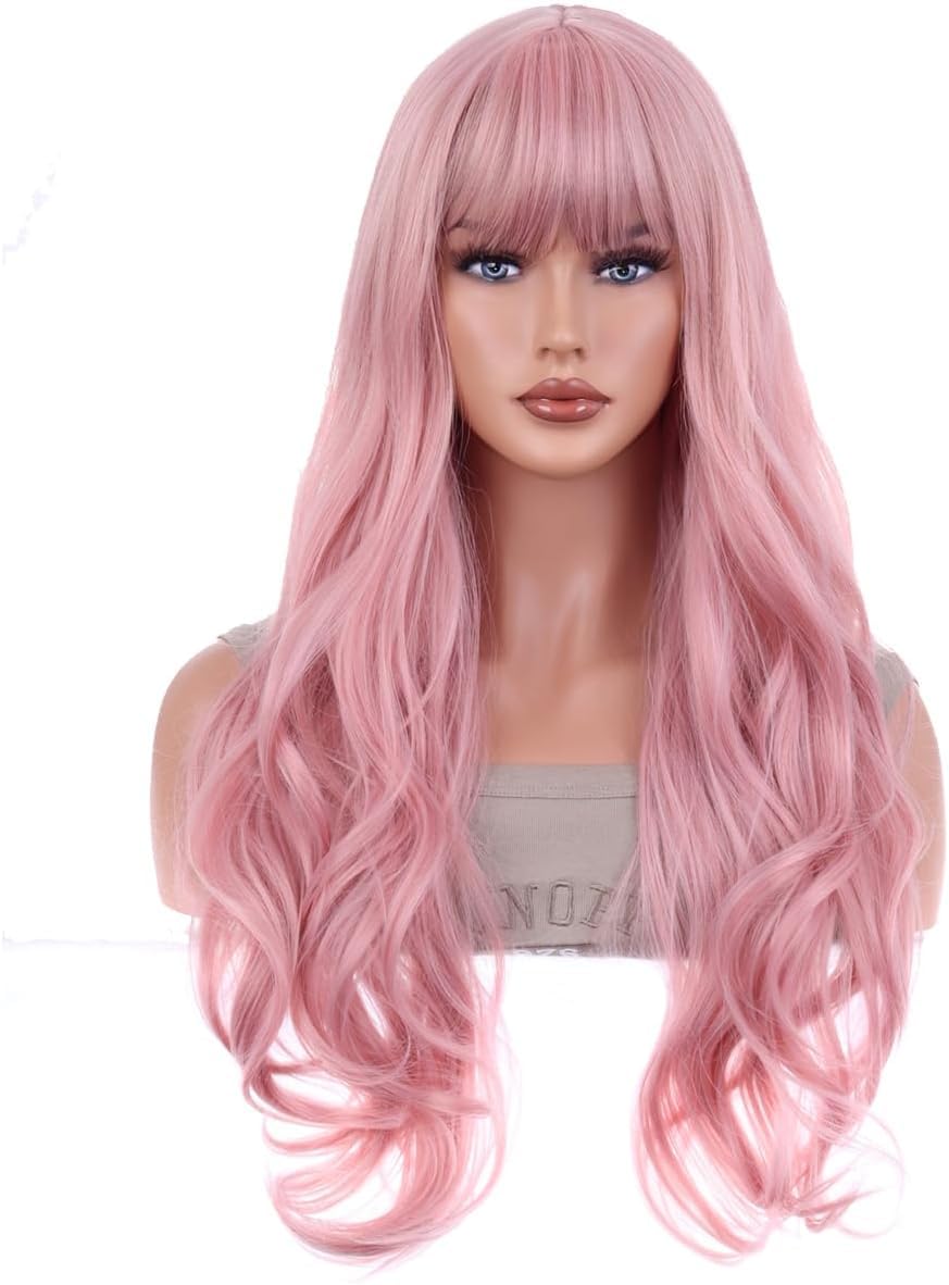 Long Wavy Soft Synthetic Wig with Straight Bangs for Women Girls Wig Cap Included (25 Inch, Pink)