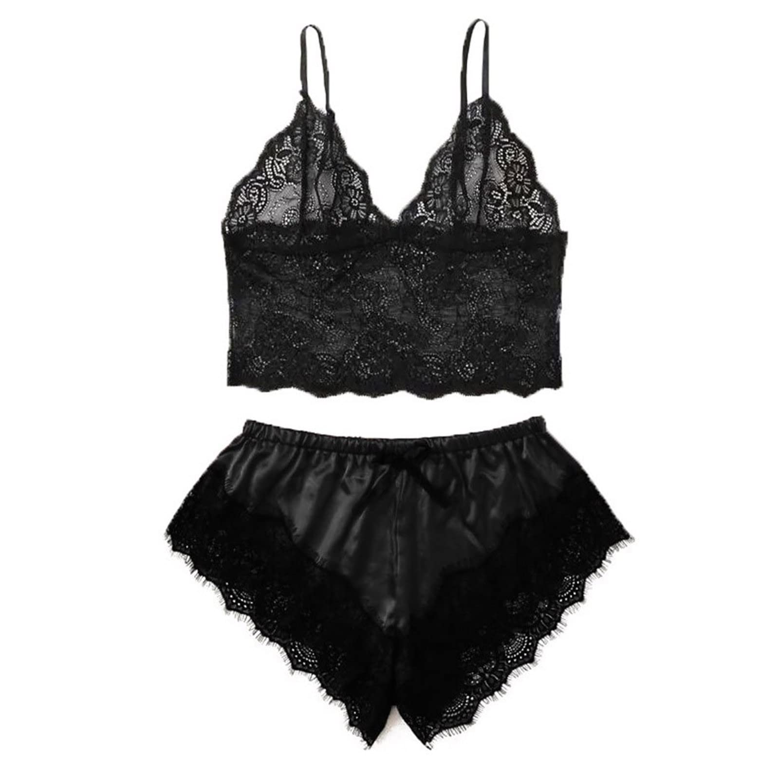 Generic Womens Sexy Sheer Floral Lace Pajamas Lingerie Set Sleepwear Cami Top Bra and Panty 2 Piece Nightwear