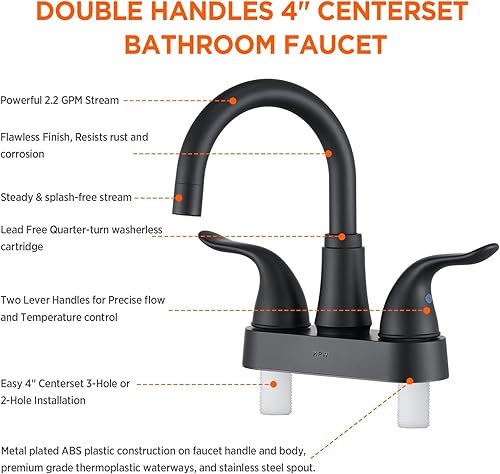 Miniatura 4 de KPW Grifo de lavabo de baño de 2 o 3 agujeros, juego central negro mate de 4 pulgadas, 2 manijas chapadas sobre plástico ABS, grifo de baño no