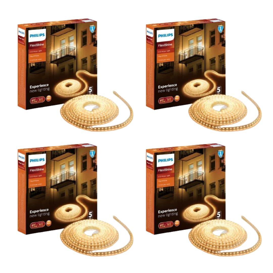 PHILIPS 5 Meter LED Rope Light | Flexishine Plug n Play Flexible Rope Light for Indoor and Outdoor Decorations | Rope Light for False Ceiling,Balcony,Diwali,Christmas | Warm White, Pack of 4 (B0D1FLCJN1) Amazon Price History, Amazon Price Tracker